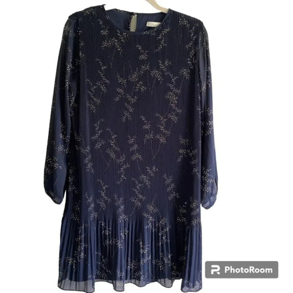 OAK + Fort Blue  and White Pleated Long Sleeve Floral Shift Dress Size S - Picture 1 of 12